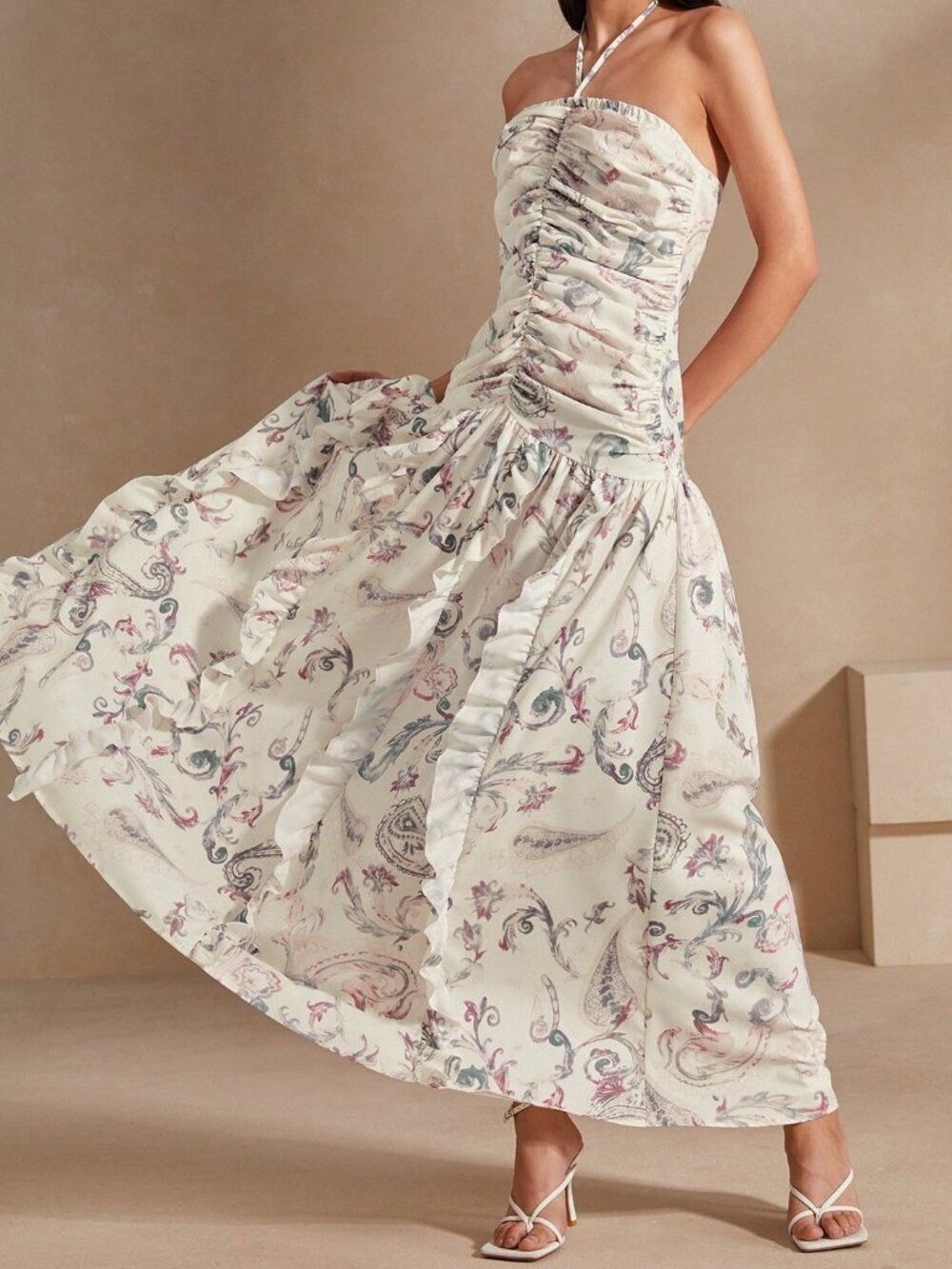 Multicolor Elegant Women's Halterneck Dress with Ruffle Trim and Flared Hem